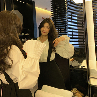 bigyu 百褶风琴袖韩系白色衬衫2023春装女时尚设计感小众长袖上衣