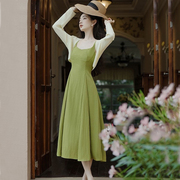 绿色吊带连衣裙针织开衫外套，两件套装裙子，复古女春夏季
