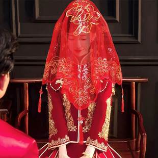红色头纱喜帕红盖头新娘2023中式秀禾高级蒙头巾婚礼结婚盖头纱巾
