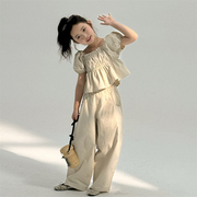 韩系甜美风米杏色气质短上衣夏季时髦洋气棉质休闲裤2件套装