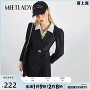 MEETLADY黑色轻奢西装连衣裙女2024春秋装法式收腰长袖百褶短裙