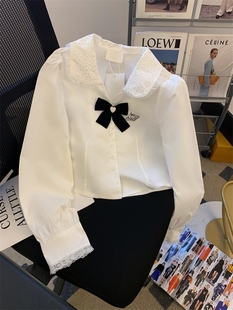 法式蕾丝花边娃娃领白色，衬衫女设计感蝴蝶结收腰短款衬衣2024春装