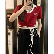 红色v领系带短袖t恤女2024夏季设计感小众修身显瘦短款上衣女