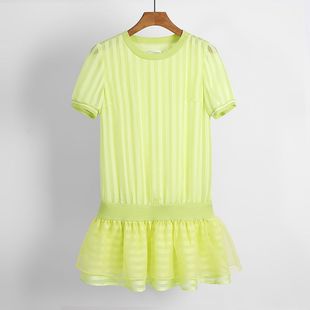 W系列折扣女装连衣裙纯色夏季短袖透气通勤OL风雪纺短裙欧根纱