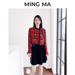 mingma设计师品牌红色圣诞撞色花边格纹长袖，圆领短款小香风夹克