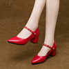 小码女鞋313233高跟鞋2024春秋季软皮粗跟单鞋，红色中跟真皮鞋