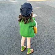 韩国童装2024春秋女童，针织衫女宝宝绿色毛衣，外套儿童宽松外搭开衫