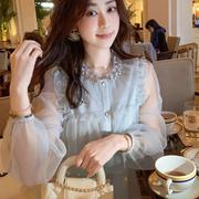 法式气质荷叶领亮钻长袖雪纺衬衫女2025春秋新款外穿网红超仙上衣