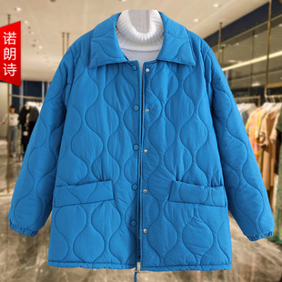 胖妹妹大码冬季棉衣外套，韩版宽松中长款收口袖时尚棉服翻领蓝色暖