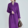 高级感紫色无领双面呢羊毛大衣女中长款简约宽松直筒系带毛呢外套