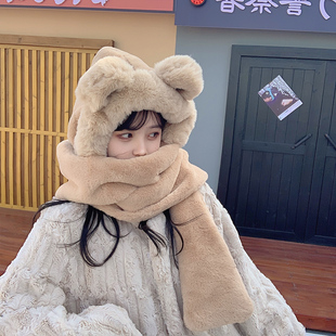 小熊帽子韩版可爱女百搭秋冬季冬天围巾，一体保暖手套围脖三件套潮