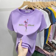 紫色t恤女夏季短袖纯棉设计师款小众印花上衣美式正肩圆领体恤