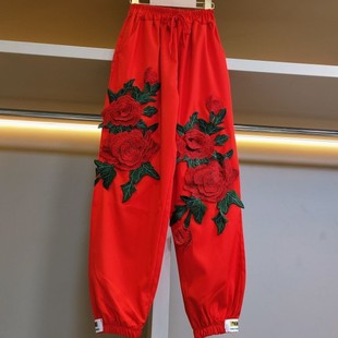 刺绣玫瑰花红色休闲裤女外穿夏季高腰，哈伦裤显瘦休闲束脚裤潮