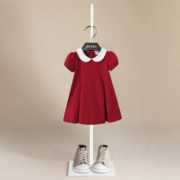 伯米吉女童红色短袖连衣裙宝宝，儿童装白色娃娃，领周岁裙礼服裙子棉