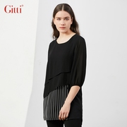 Gitti/吉蒂时尚中长条纹七分袖圆领上衣女大码雪纺拼接T恤G211088