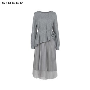 sdeer圣迪奥女装圆领，收腰网纱针织，拼接连衣裙s241z1212