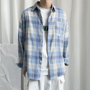 2024春秋季复古格子衬衫，男bf港风日系高级感韩版潮流长袖衬衣外套