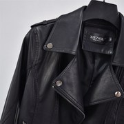 韩国皮衣女2023春秋铆钉西装，领双拉链收腰短款黑色长袖皮夹克
