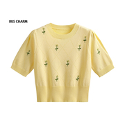 鹅黄色针织短袖女夏季修身冰丝t恤高腰短款镂空绣花甜美上衣
