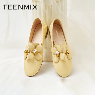 Teenmix/天美意秋花朵复古文艺便鞋甜美女皮浅色单鞋BE431CA2