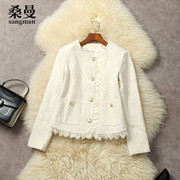 法式小香风圆领羊毛粗花呢短外套，长袖小个子蕾丝，拼接单排扣上衣女