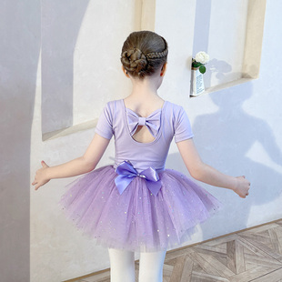 舞蹈服儿童分体短袖女童练功服舞蹈亮片裙纯棉紫色分体套装跳舞裙