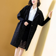 黑色大衣女冬外套，加厚中长款2023年条纹显瘦气质复古韩版风衣