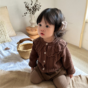 韩版秋装女童棉纱娃娃领针织，开衫上衣婴，幼童纯色百搭长袖毛衣外套