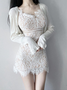 性感连衣裙女蕾丝超短裙无袖包臀白色气质名媛外穿夏季2023年