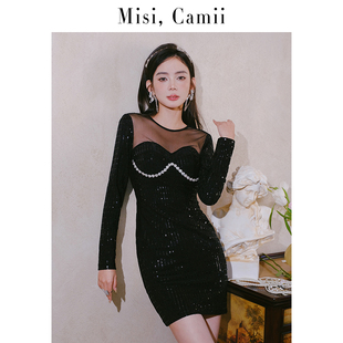 Misi Camii重工钻链珠片长袖礼服裙奢华大牌轻奢高级感高端连衣裙