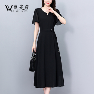 黑色连衣裙2024女夏季气质高级感夏天遮肚子显瘦雪纺中长裙子