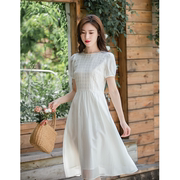 纻衣白色天丝圆领短袖连衣裙女2023夏装原创设计收腰显瘦长裙