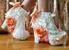 美国Lace◇手作精致白色蕾丝桃红色玫瑰蝴蝶结高跟鞋新娘靴子