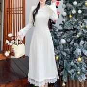 新中式改良旗袍蕾丝拼接长裙秋冬大码气质复古内搭加厚显瘦连衣裙