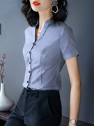 职业装衬衫女夏短袖设计感小众v领立领工装白衬衣(白衬衣)薄款气质工作服