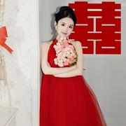 新中式晨袍连衣裙婚礼新娘红色，喜庆纱裙露背露肩，设计感长裙国风仙