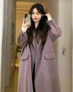 韩系紫色毛呢大衣外套2023女秋冬温柔赫本中长款宽松显瘦上衣