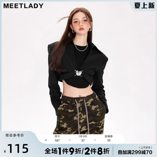 MEETLADY高级短款垫肩小西装外套女2023春秋立体金属廓形上衣