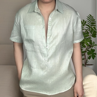 jyun夏季中国风薄款纯亚麻短袖，男青年翻领，半开衫t恤休闲上衣