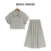 Basic House/百家好夏季新款轻奢套装泡泡袖衬衫半身长裙子两件套