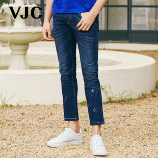 VJC/威杰思2024夏季男装男士复古蓝牛仔裤个性印花直筒九分裤