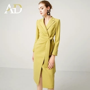 ad黄色长袖西服裙子女秋装，一片式系带，开叉裙高级感职业连衣裙