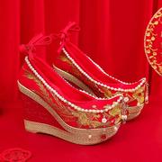 超高跟秀禾婚鞋女春秋内增高汉服鞋红色坡跟，新娘鞋古风中式绣花鞋