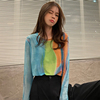 韩国女装网纱长袖t恤2022春夏，修身薄款内搭绿色打底衫防晒衣