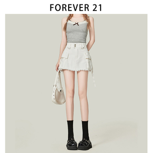 forever21小众设计感双排，扣白色牛仔短裙女a字浅色小个子工装裙