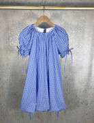 清新夏日蓝白小格子蝴蝶结，抽带泡泡袖小众，设计蓬松甜美宽松连衣裙