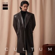 cultum戗驳领双排扣柴斯特皮，大衣男中长款休闲复古纯色外套秋冬季