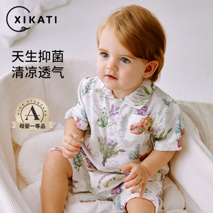 喜卡缇婴儿衣服夏季1-3岁男女宝宝连体衣纱布短袖婴幼儿外出爬服