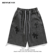 boyue帛跃夏季十字架牛仔，短裤男欧美风，街头嘻哈裤子设计个性宽松