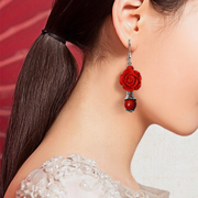 结婚民族风耳环925银中国风 复古红玫瑰新娘气质超仙旗袍配饰云南